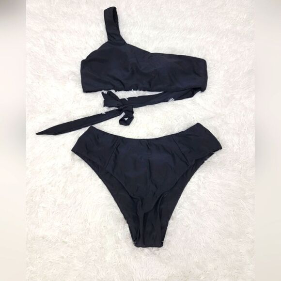 Swimsuit One Shoulder High Waist Solid Black Bikini Side Tie Top Size M & L - Picture 1 of 7